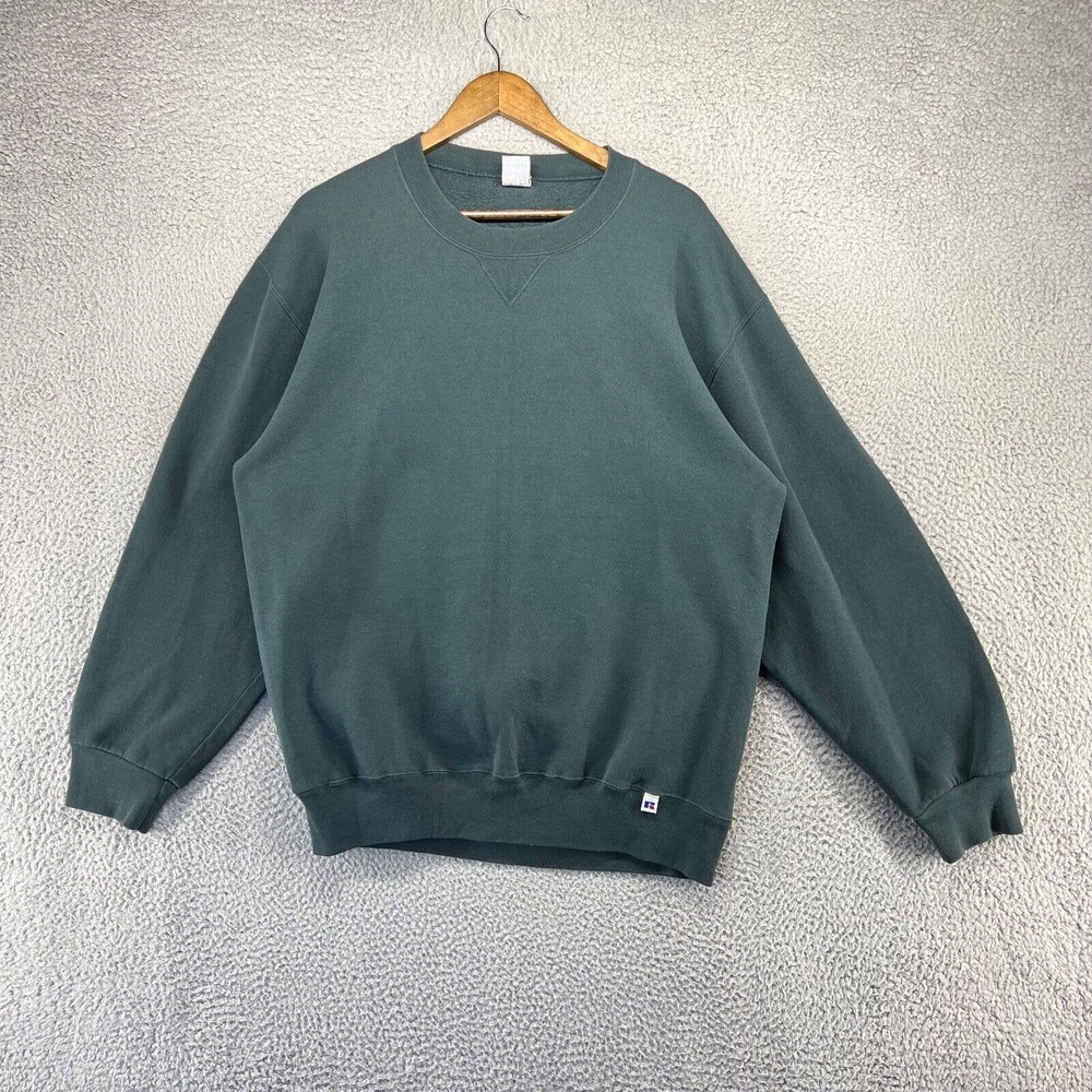 Vintage Russell Blank Sweatshirt Mens Large Tall Green Crewneck Grunge Faded 90s